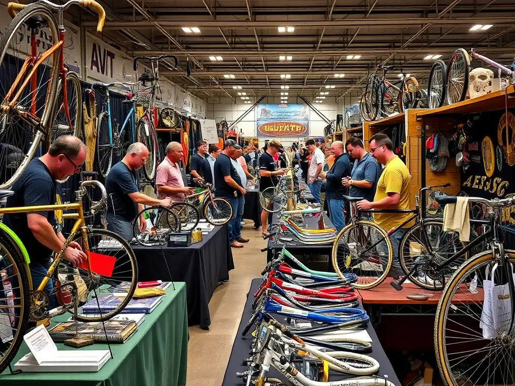 A photograph of a collector fair, featuring vendors displaying vintage bicycles and parts, with enthusiasts browsing and trading items.
