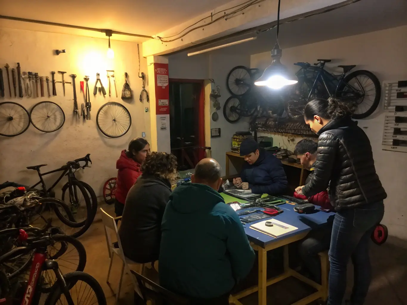 A photograph of an educational workshop, with participants learning about the history and mechanics of vintage bicycles.